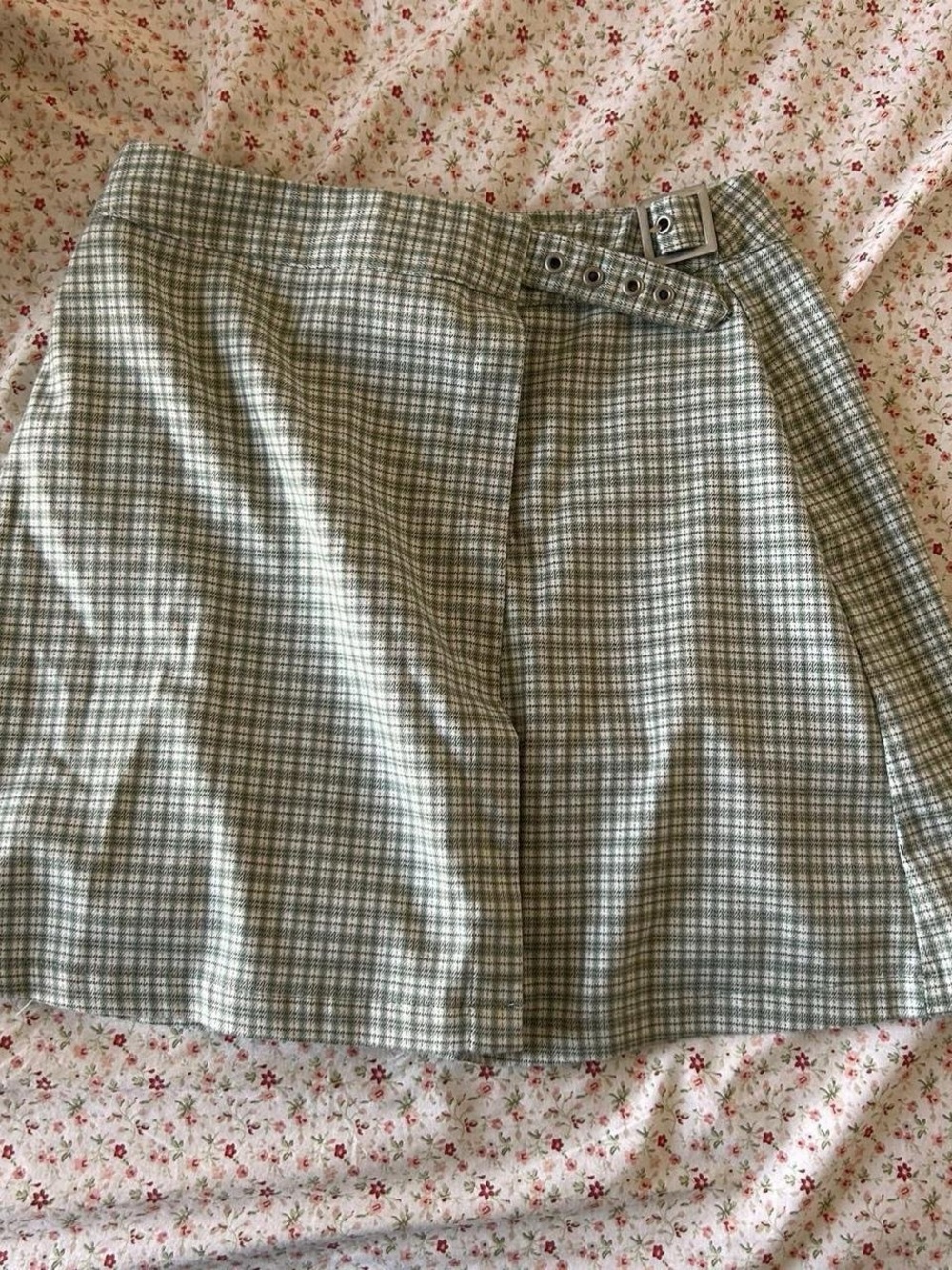 Brandy Melville Green Plaid Mini Skirt with Buckle Detail